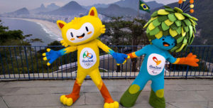 This handout image shows the mascots for the Rio 2016 Olympic Games (L) and the Rio 2016 Paralympic Games (R) in Rio de Janeiro, Brazil, on November 23, 2014. The names of the mascots for Rio 2016 is open to the public to vote on their official website from three choices: Oba & Eba, Tiba Tuque & Esquindim, and Vinicius & Tom. The official names will be announced on December 14, 2014. AFP PHOTO / RIO 2016 / ALEX FERRO == RESTRICTED TO EDITORIAL USE / MANDATORY CREDIT: "AFP PHOTO / RIO 2016 / Alex FERRO"/ NO A LA CARTE SALES / NO MARKETING / NO ADVERTISING CAMPAIGNS / DISTRIBUTED AS A SERVICE TO CLIENTS ==