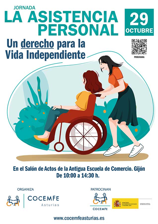 Cartel promocional Persona con discapacidad paseando con su asistente personal en un parque